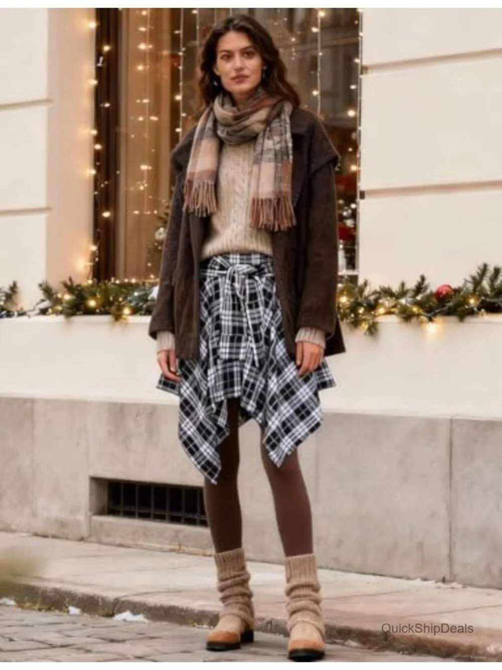 Plus Size Plaid Pleated Asymmetrical Mini Skater Skirt High Waisted